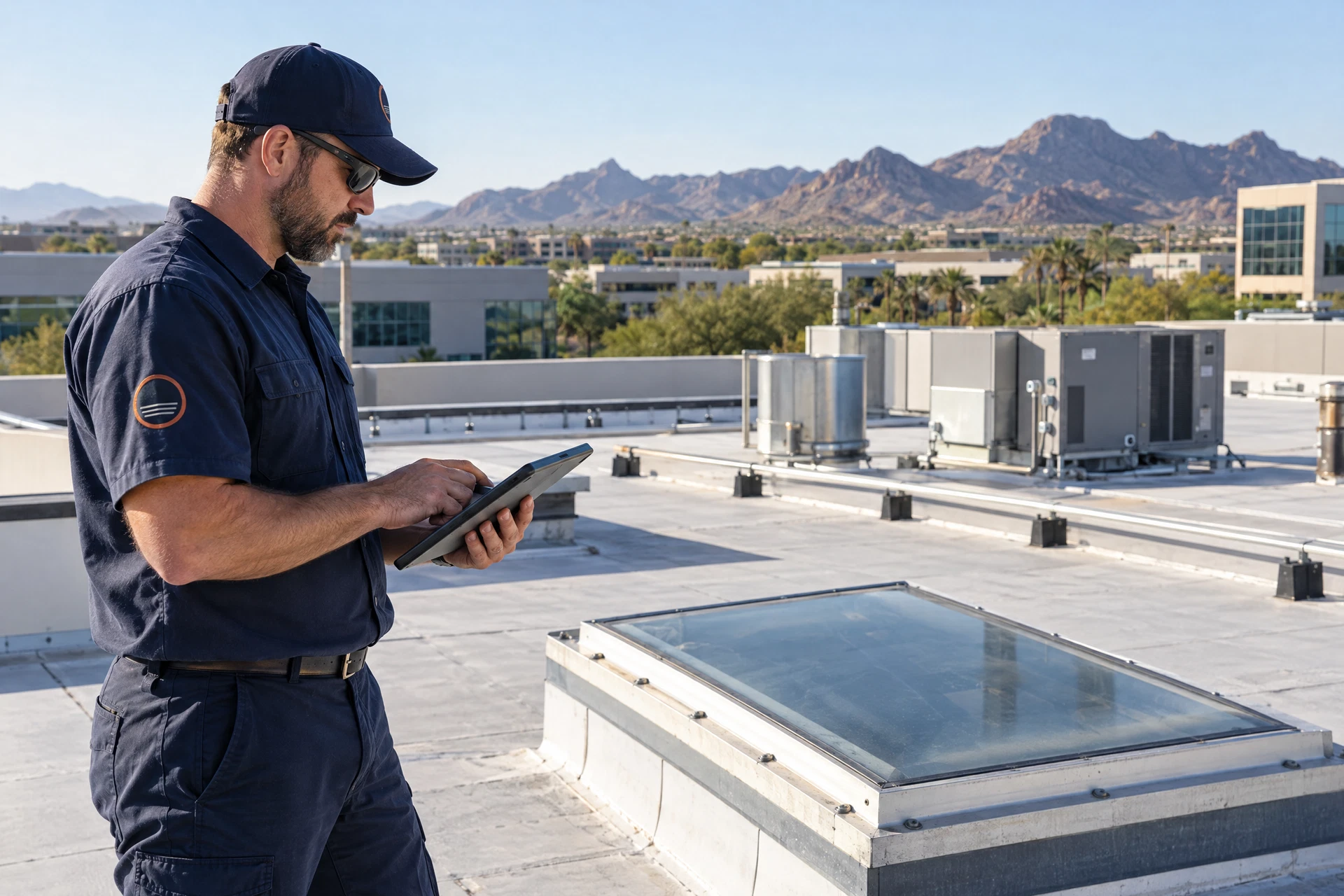 Commercial roofing professional working on a low-slope roof